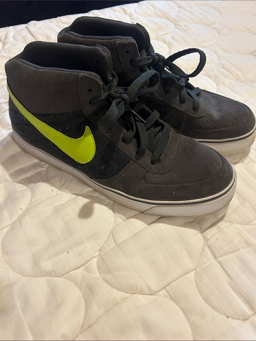 Nike Dark Gray High-Top Sneakers with Neon Yellow-Green Swoosh
